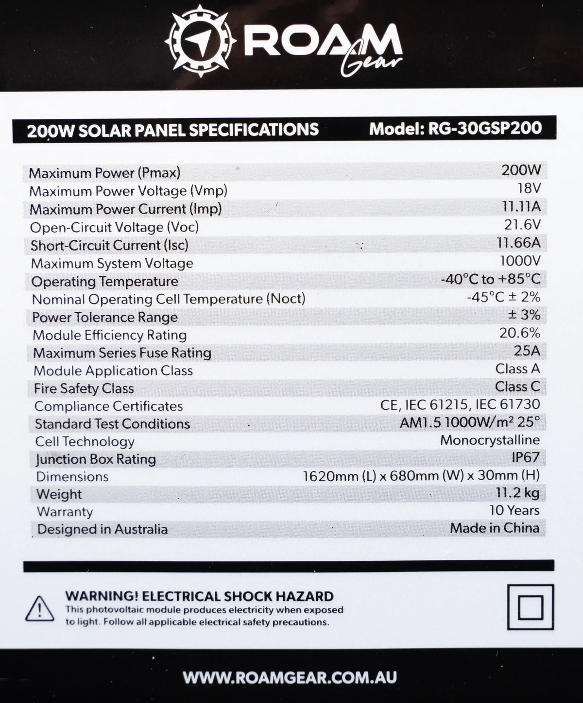 Roam Gear 200W 12V black glass solar panel specifications label with electrical ratings, dimensions and weight.