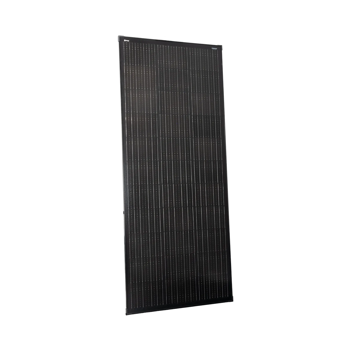Roam Gear 200W 12V slimline black glass solar panel with 20mm frame in an angled front view.