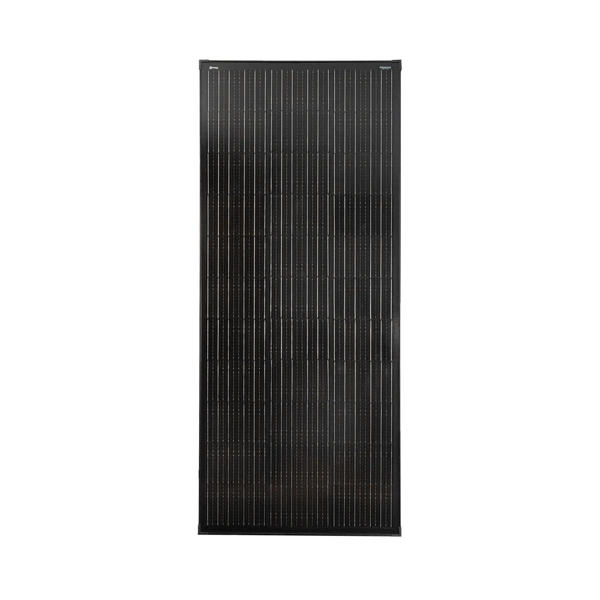 Roam Gear 200W 12V slimline black glass solar panel with 20mm frame in a full front view.
