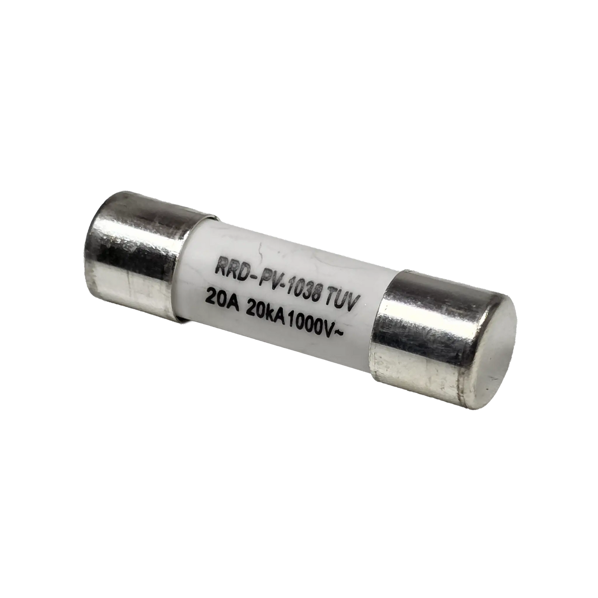 Roam Gear 20A MC4 inline replacement fuse angled view with the right metal end cap and white body.