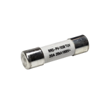 Roam Gear 20A MC4 inline replacement fuse angled view with the left metal end cap and printed rating.
