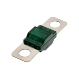 Roam Gear 20A midi fuse in an angled view with a green housing and two metal mounting tabs.