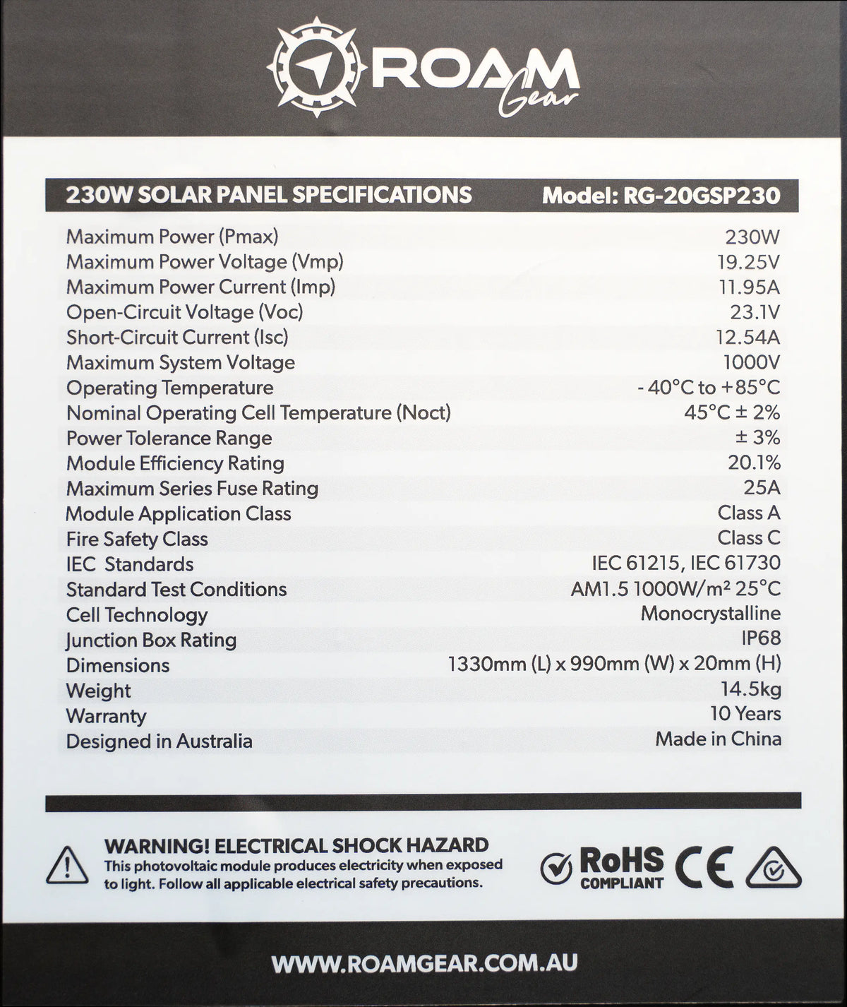 Roam Gear 230W 12V slimline black glass solar panel specifications label with electrical ratings, dimensions and weight.