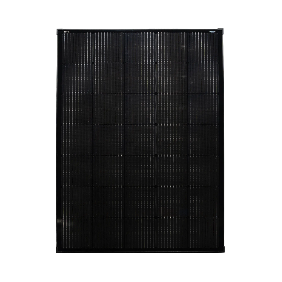 Roam Gear 230W 12V slimline black glass solar panel front view showing the solar cells and 20mm frame.