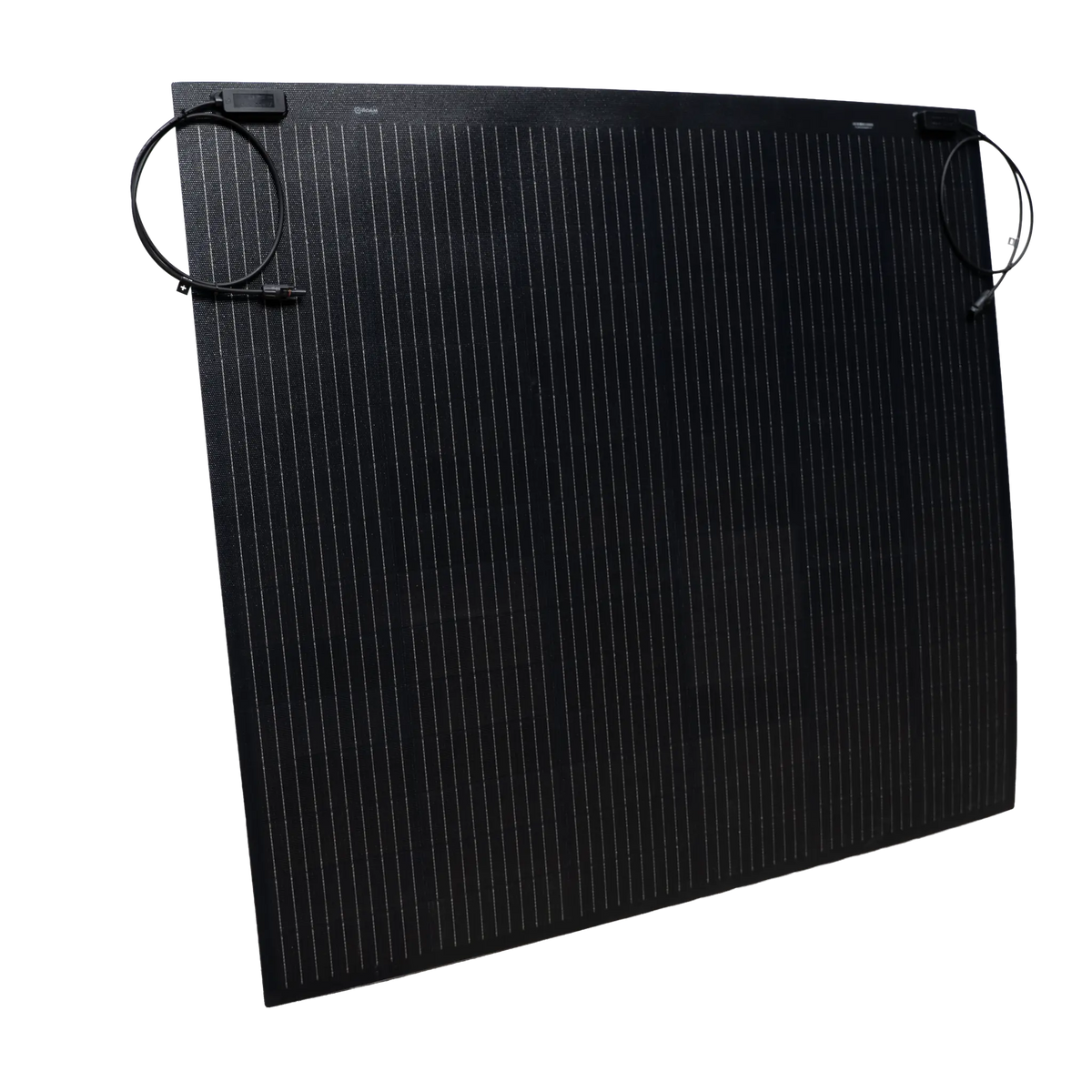 Roam Gear 250W 12V black ETFE flexible solar panel front angled view with positive and negative leads at the top.