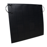 Roam Gear 250W 12V black ETFE flexible solar panel front angled view with positive and negative leads at the top.