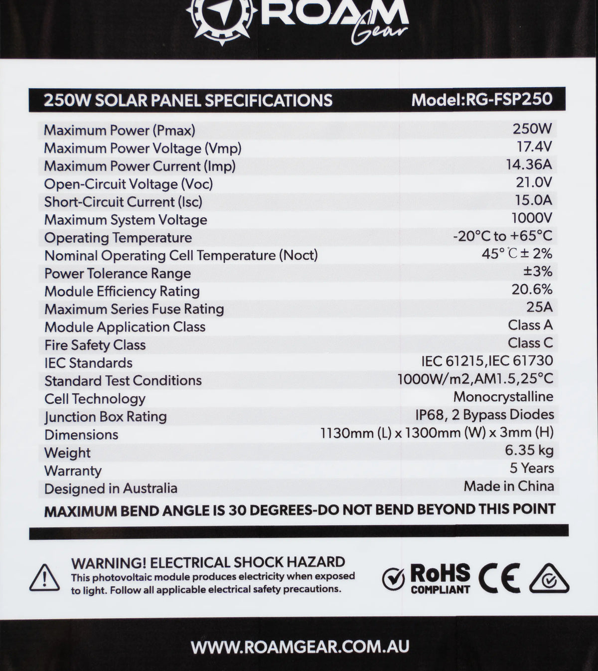 Roam Gear 250W 12V black ETFE flexible solar panel specifications label with electrical ratings, dimensions and weight.
