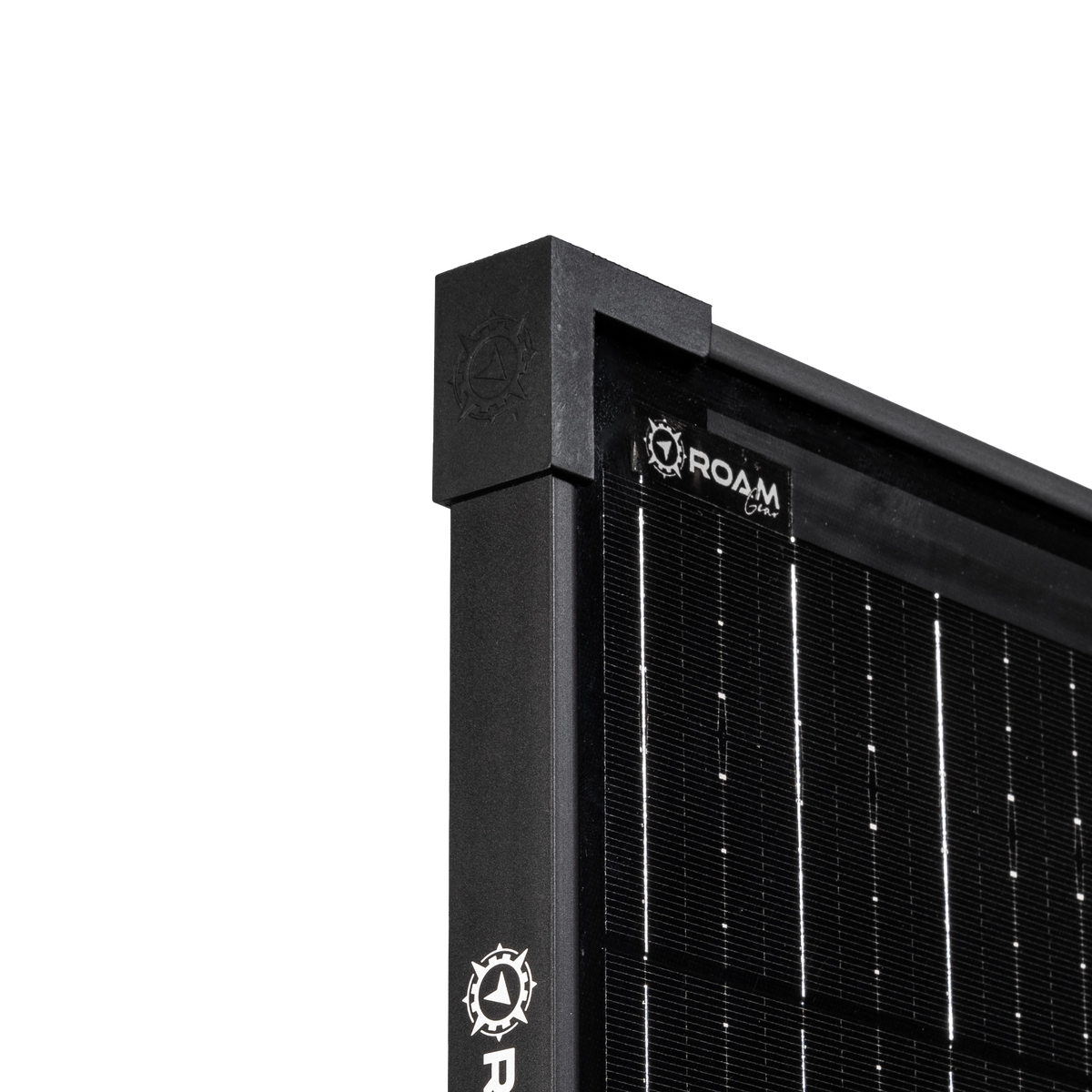 Roam Gear 250W 12V slimline black glass solar panel corner cap and branded side frame close up.