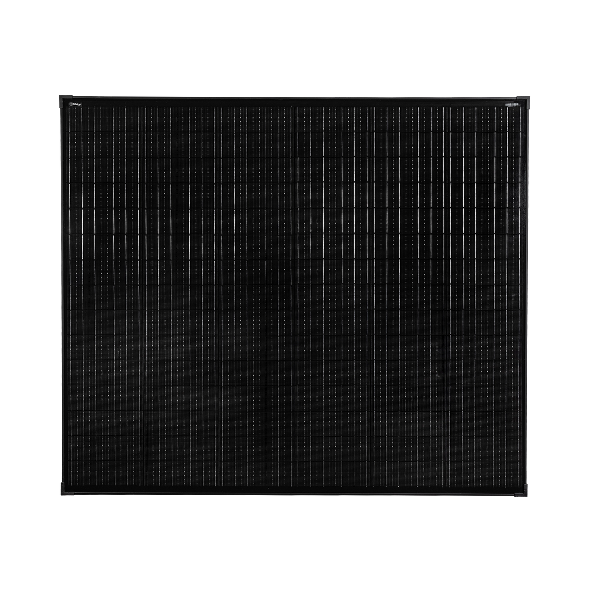 Roam Gear 250W 12V slimline black glass solar panel with 20mm frame in a full front view.