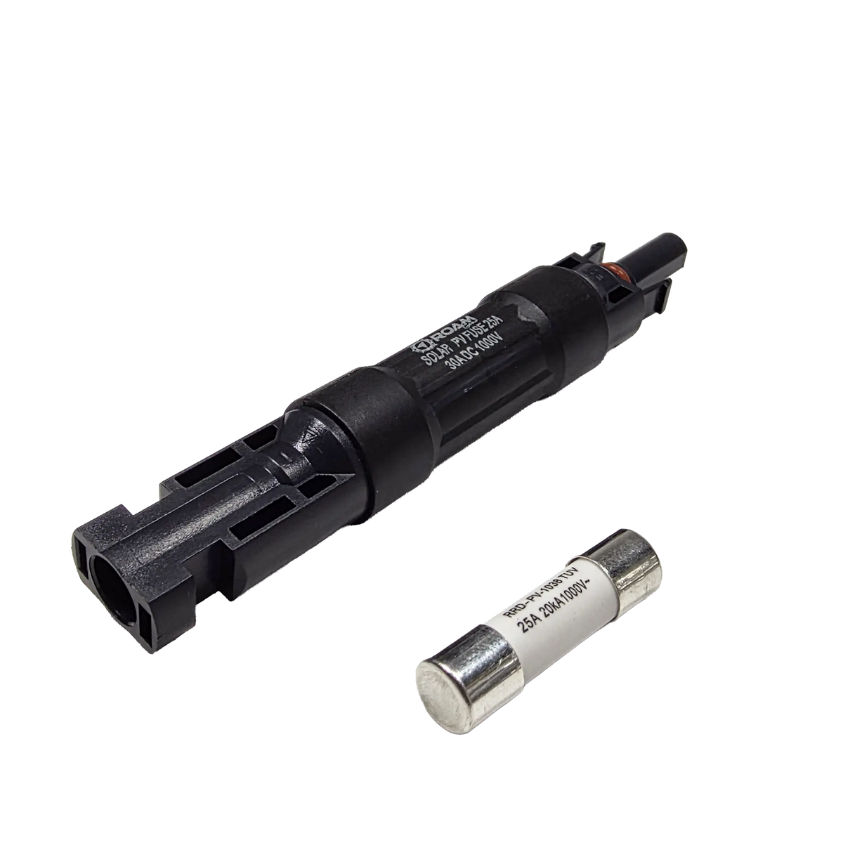 Roam Gear 25A MC4 inline fuse holder viewed from the right with its printed label and spare fuse.