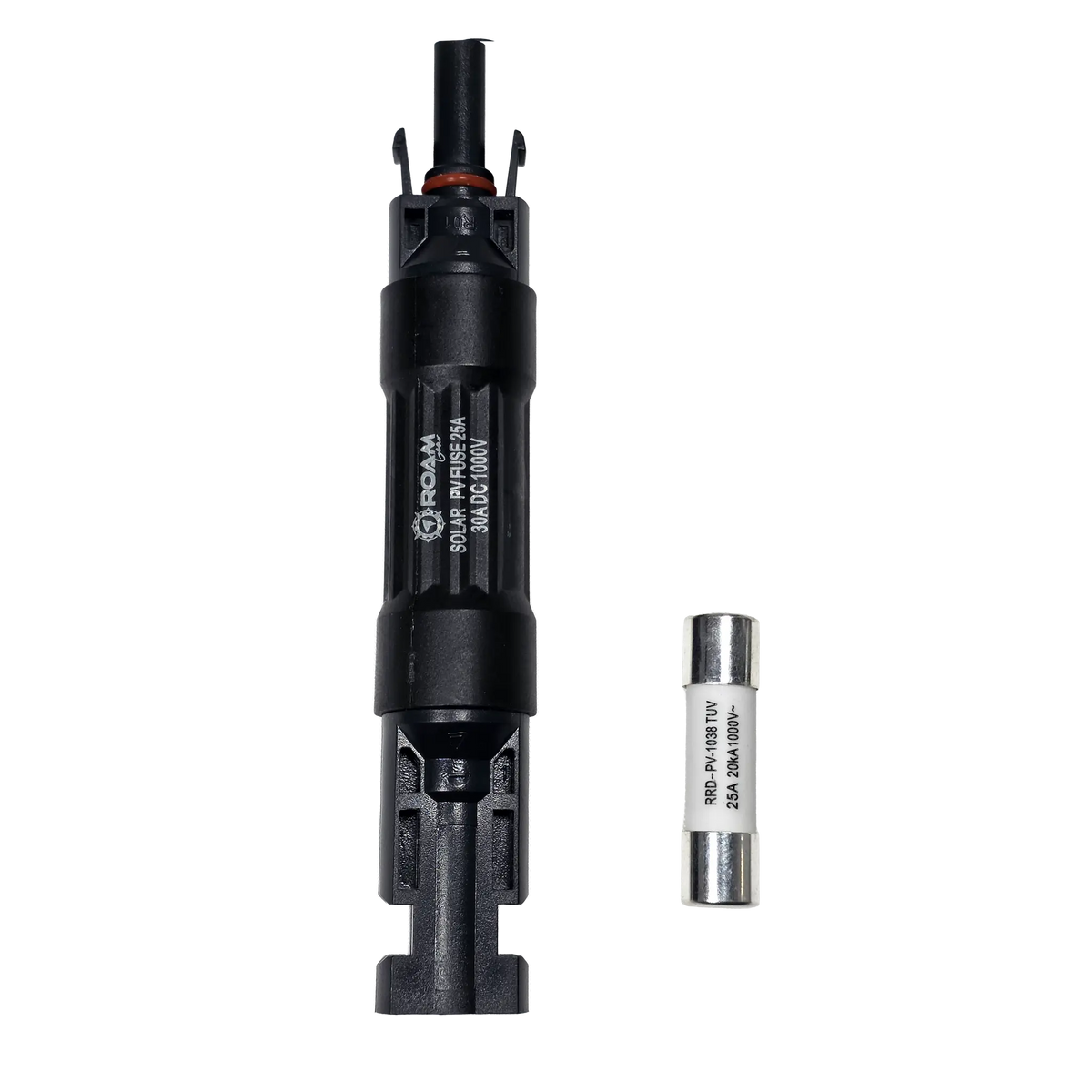 Roam Gear 25A MC4 inline fuse holder viewed from above with a spare fuse beside it.
