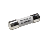 Roam Gear 25A MC4 inline replacement fuse angled view with the left metal end cap and printed rating.