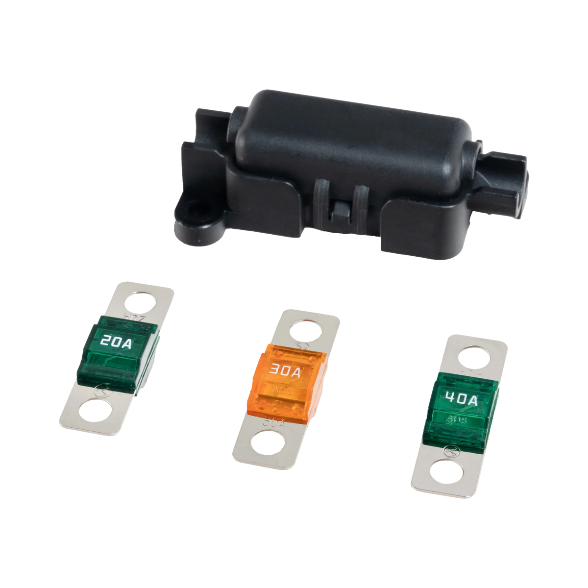 Roam Gear 2m fused lead Midi fuse holder beside 20A, 30A and 40A fuses.