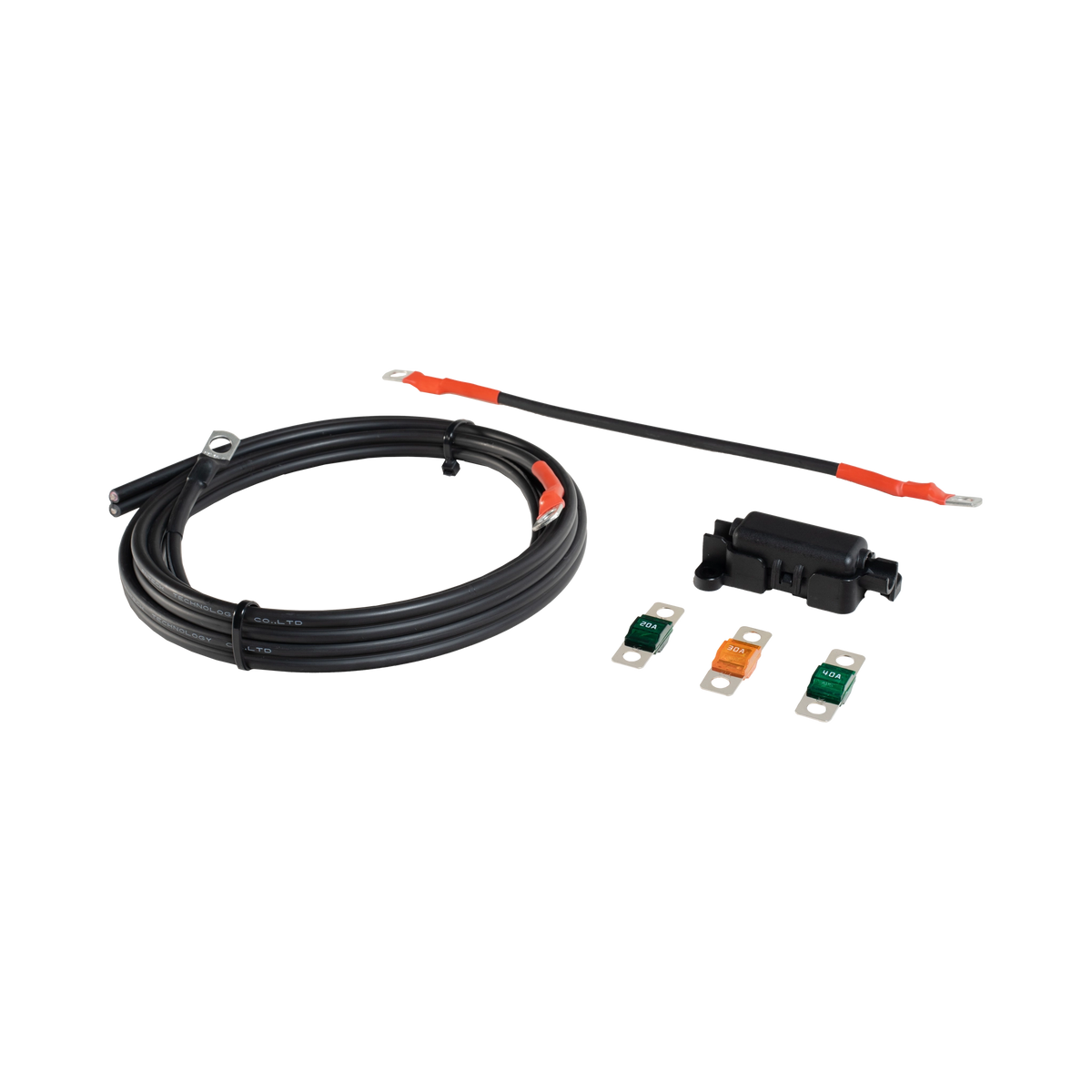 Roam Gear 2m fused lead kit with coiled cable, Midi fuse holder and three fuses in a side layout.