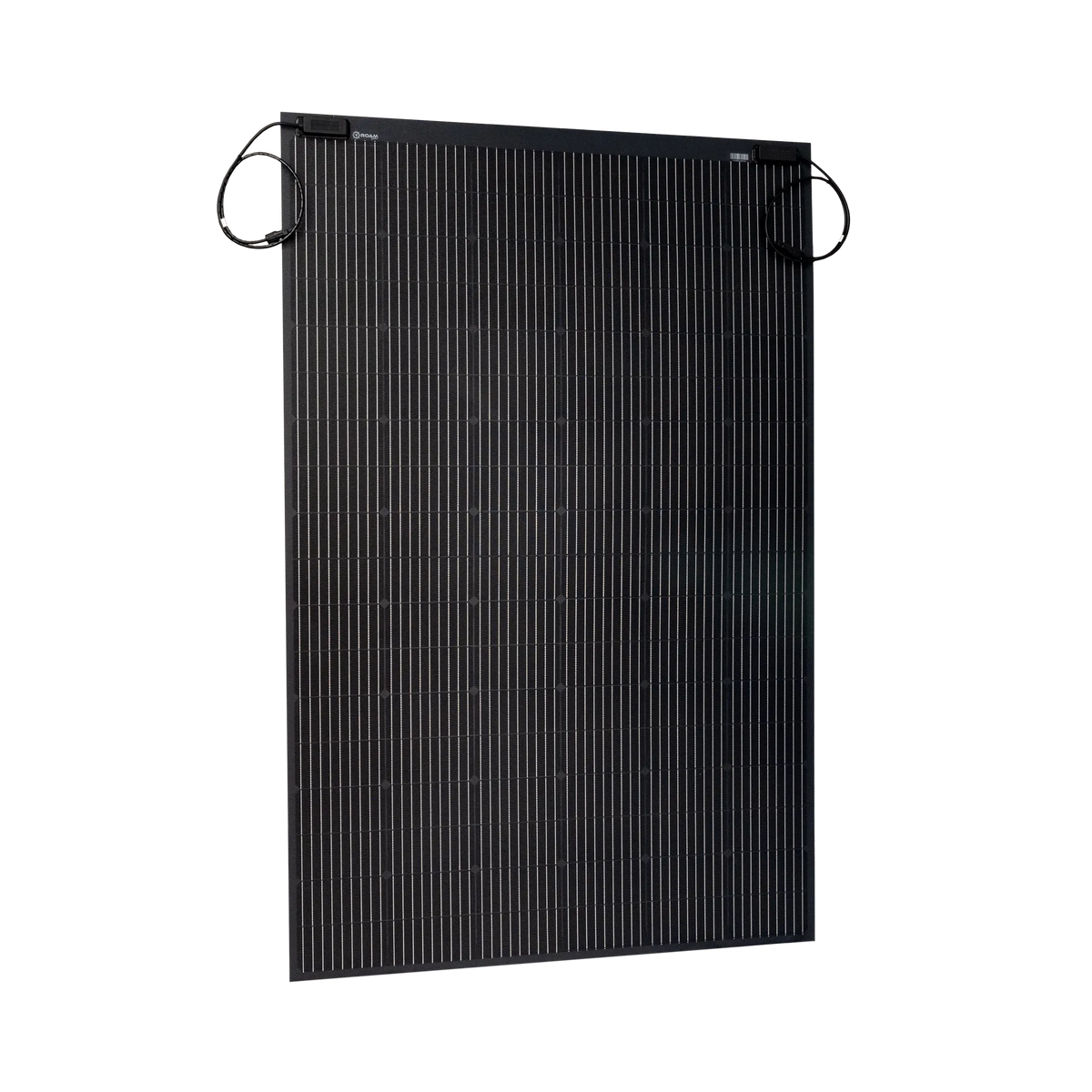 Roam Gear 300W 12V black ETFE flexible solar panel front angled view with positive and negative leads at the top.