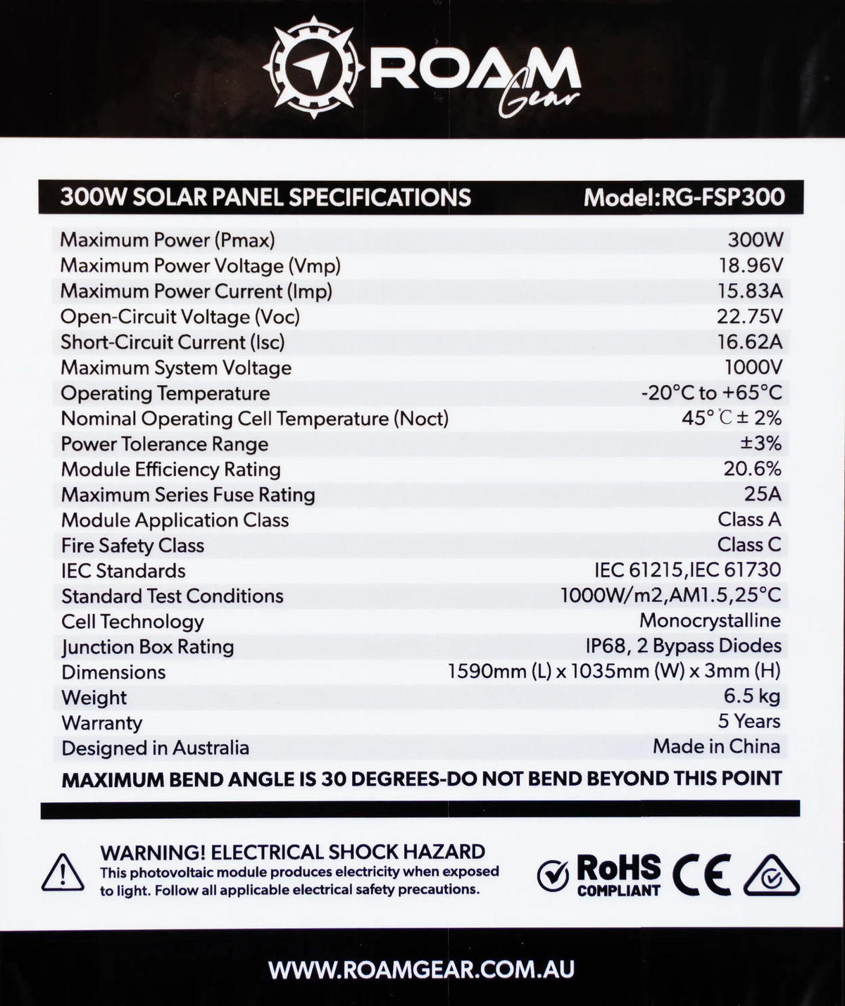Roam Gear 300W 12V black ETFE flexible solar panel specifications label with electrical ratings, dimensions and weight.