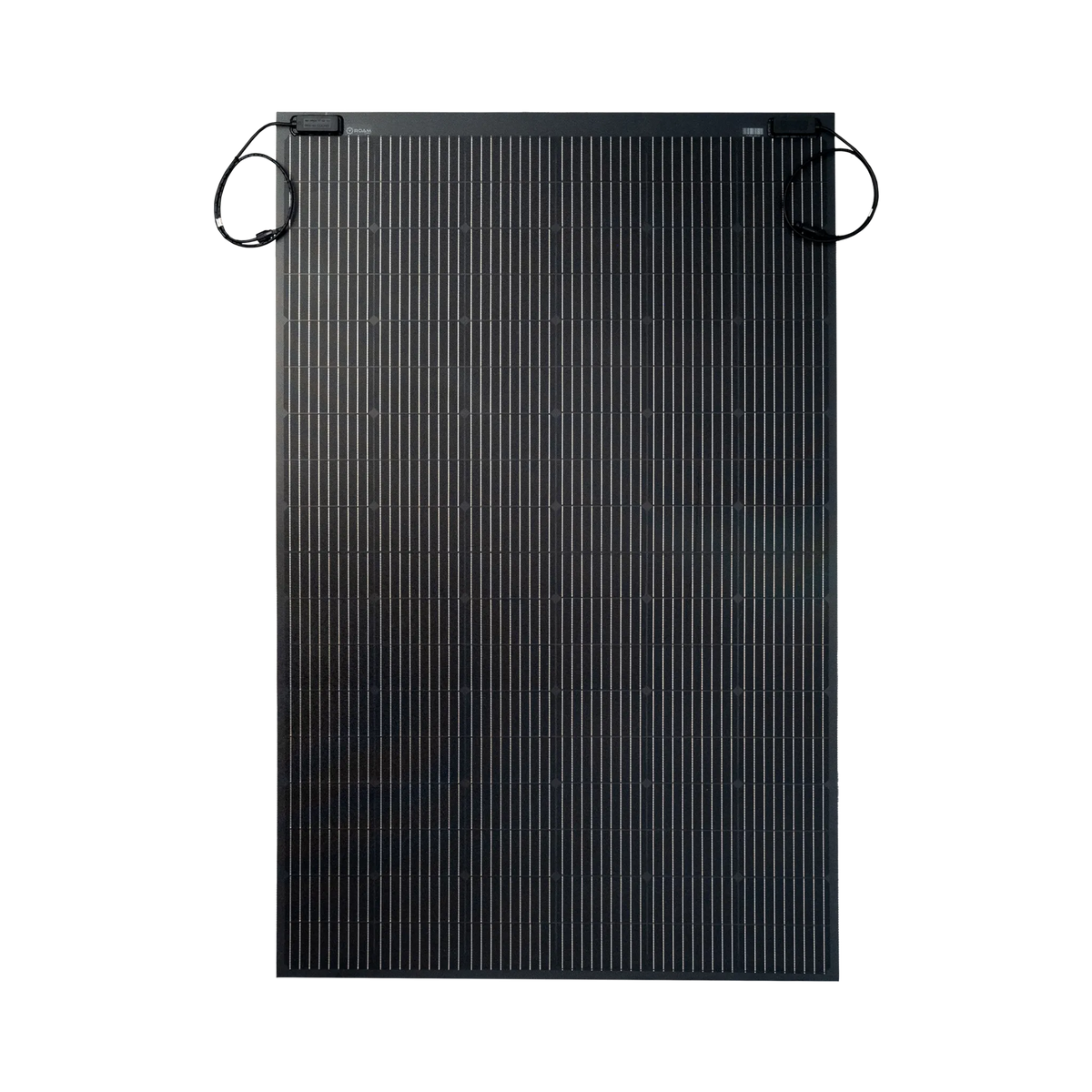 Roam Gear 300W 12V black ETFE flexible solar panel straight front view showing the cell grid and top junction boxes.