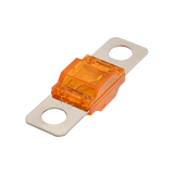 Roam Gear 30A Midi fuse angled view with transparent orange housing and two silver mounting tabs.