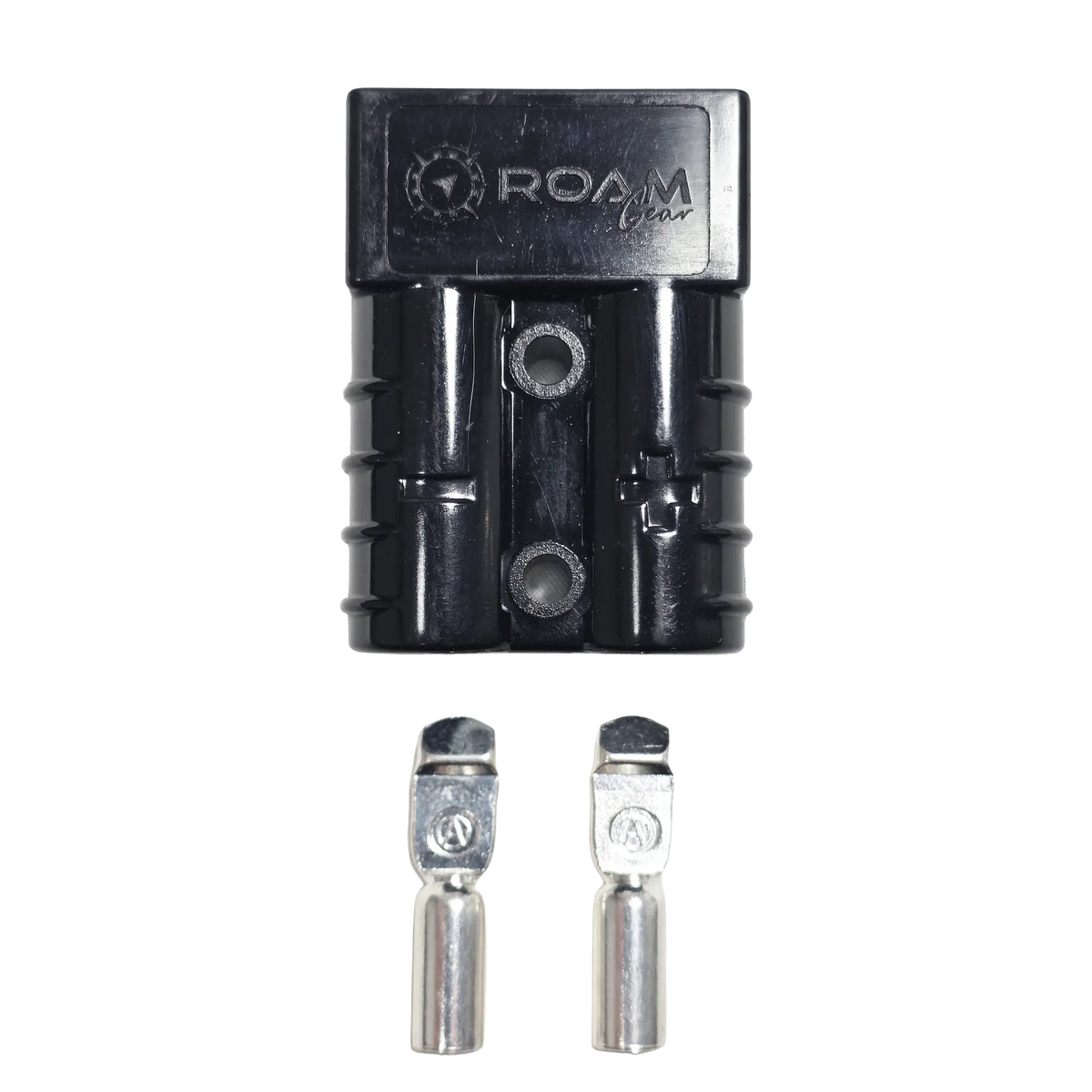 Roam Gear black 50A Anderson plug top view with two mounting holes and two metal contacts.