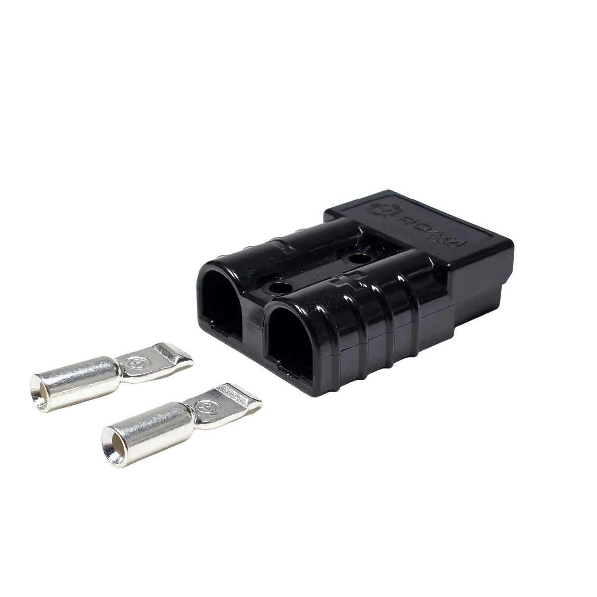 Roam Gear black 50A Anderson plug rear right view with two loose contacts beside the cable entry openings.