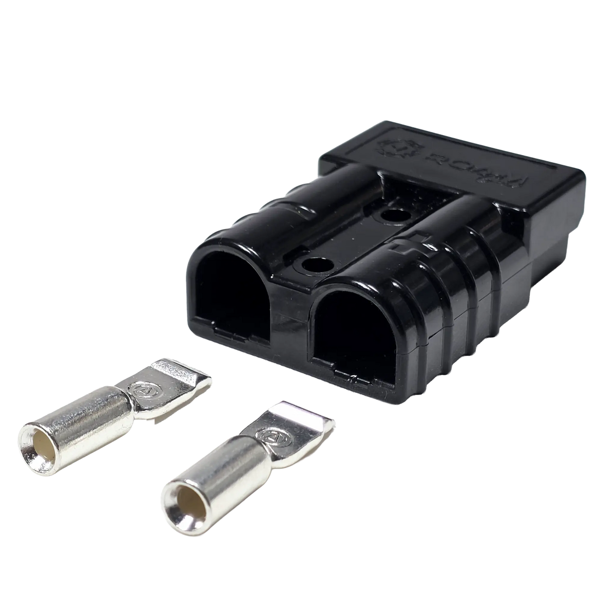 Roam Gear black 50A Anderson plug rear close up with twin cable entry openings and two metal contacts.