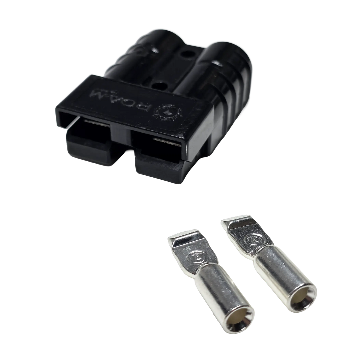 Roam Gear black 50A Anderson plug front left view with two loose contacts beside the housing.