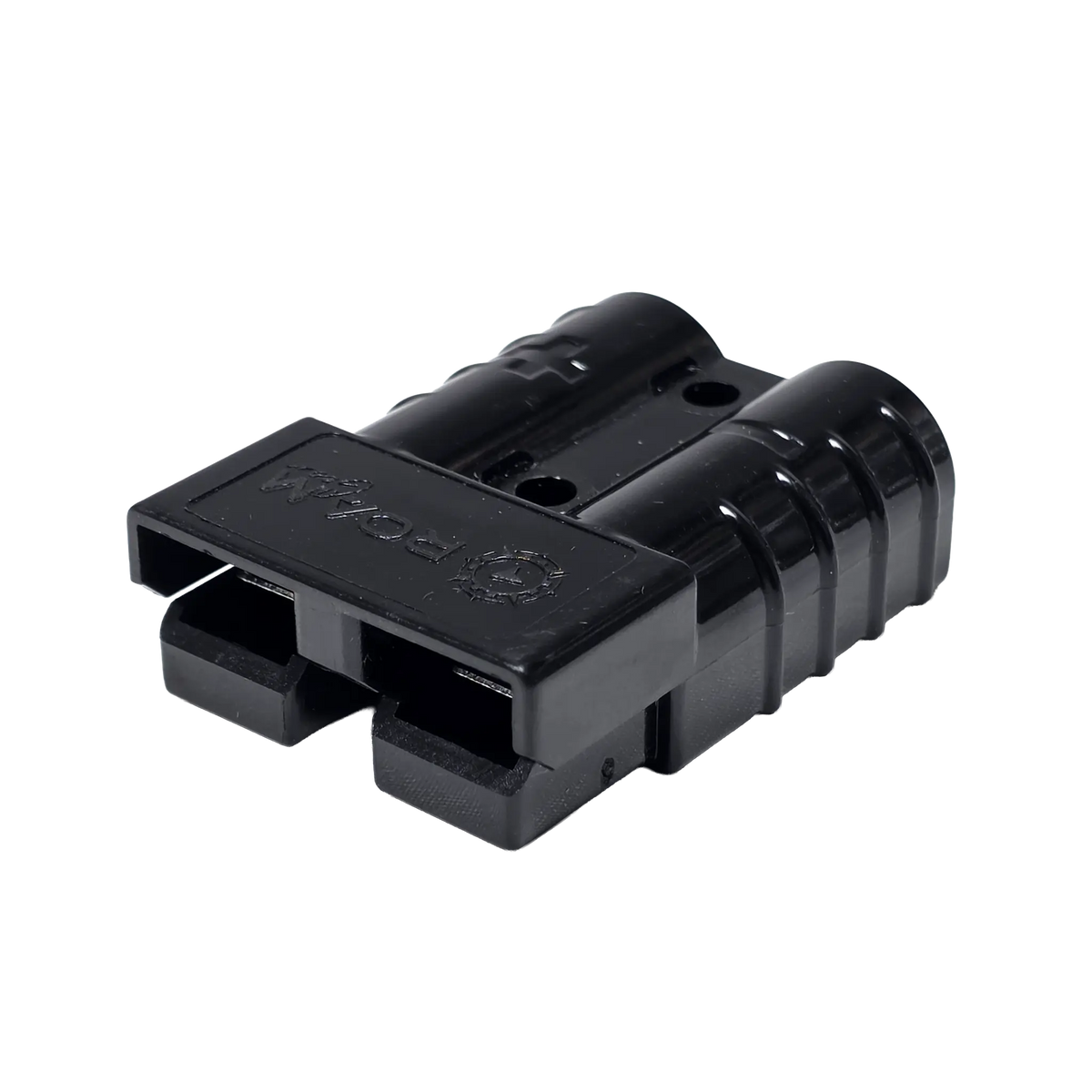 Roam Gear black 50A Anderson plug front right view with the moulded logo and twin connector openings.