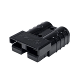 Roam Gear black 50A Anderson plug front right view with the moulded logo and twin connector openings.