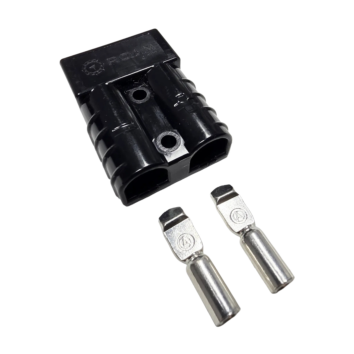 Roam Gear black 50A Anderson plug viewed from above the rear left corner with two loose contacts.