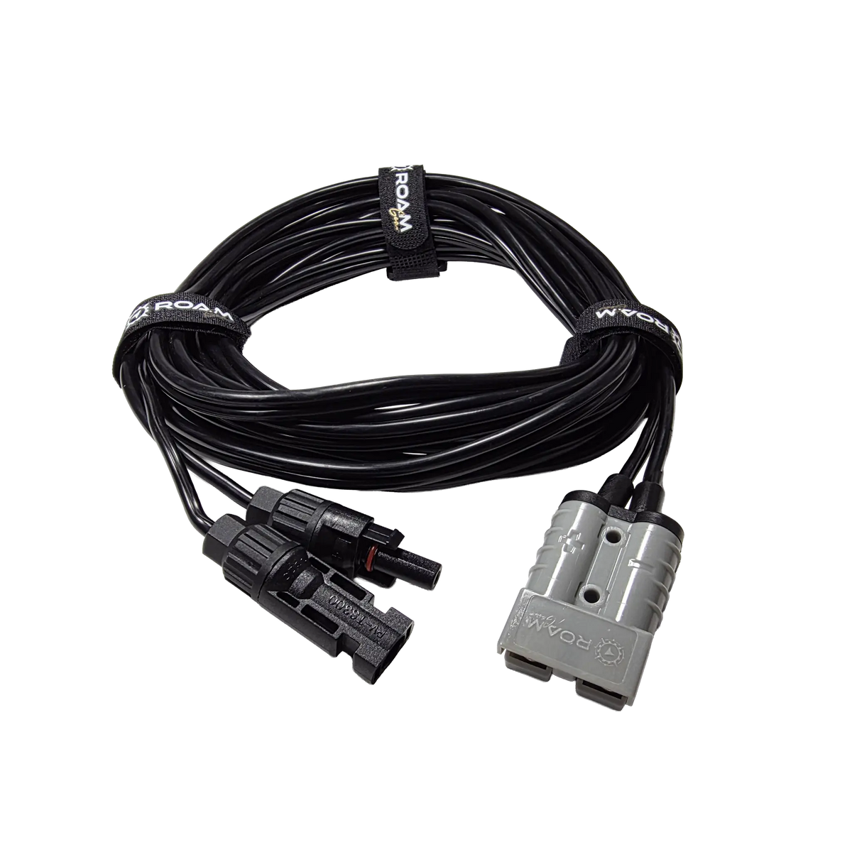 Roam Gear 5m Anderson to solar MC4 extension lead coiled with a grey Anderson plug and two black MC4 connectors.