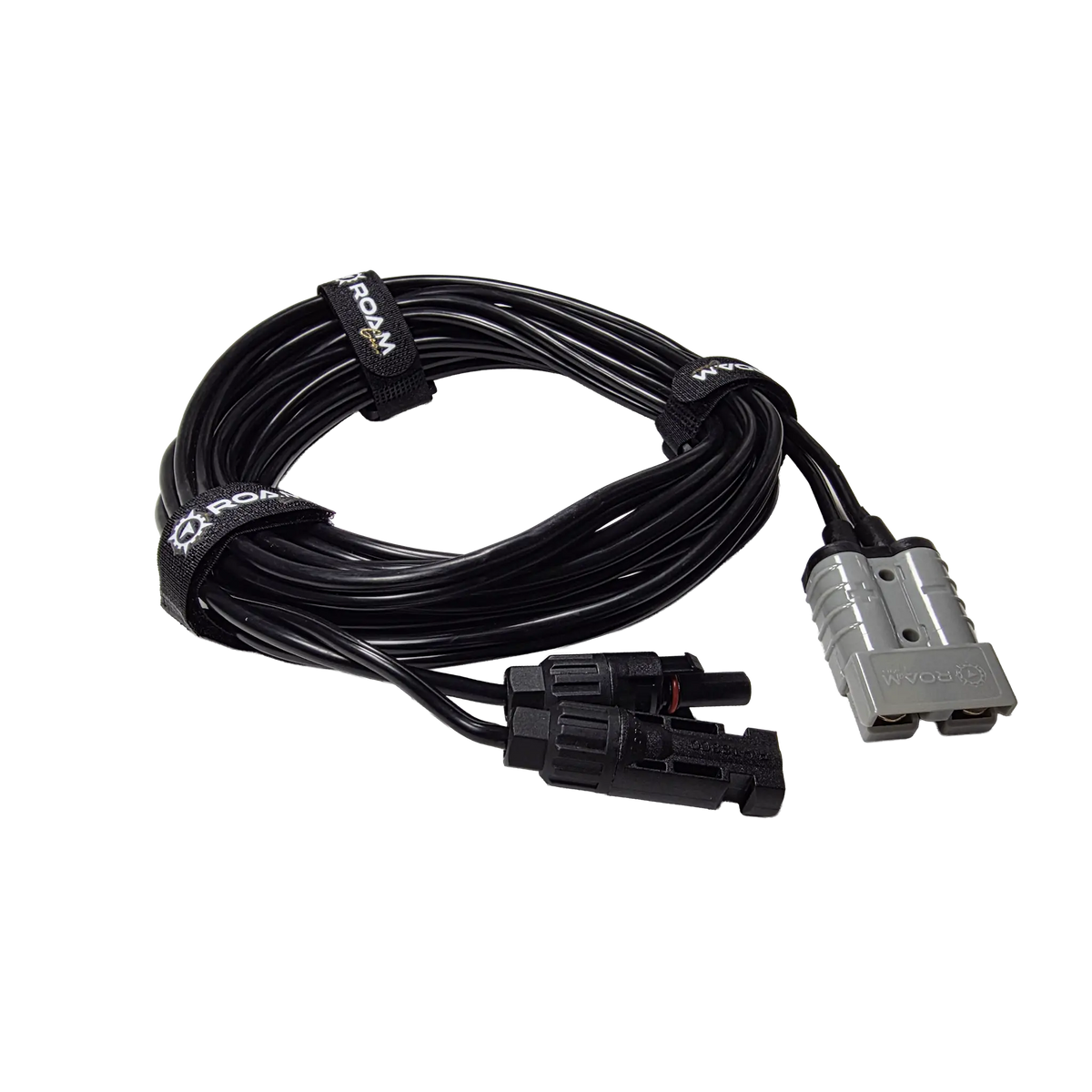 Roam Gear 5m Anderson to solar MC4 extension lead viewed from the left with the connectors beside the coil.