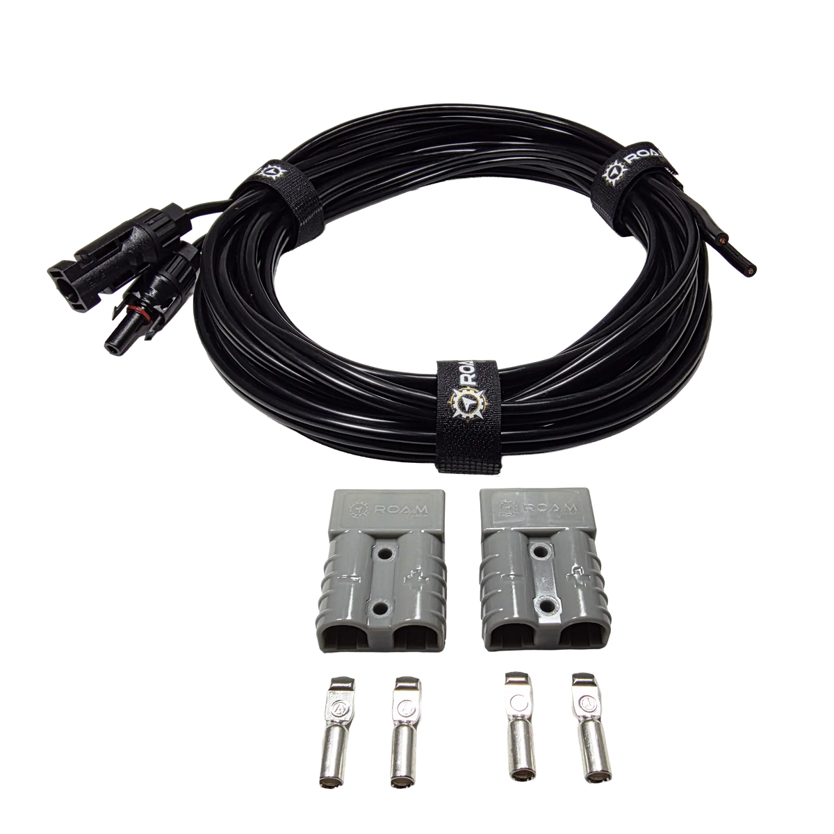 Roam Gear 6m solar MC4 extension lead coiled above two loose grey Anderson plugs and four metal contacts.