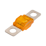 Roam Gear 70A Midi fuse angled view with transparent orange housing and two silver mounting tabs.