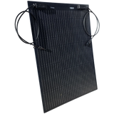 Roam Gear 70W 12V black ETFE flexible solar panel viewed from the left with positive and negative leads.