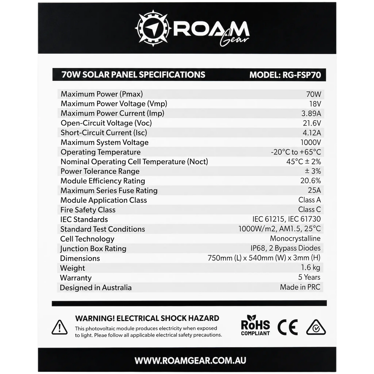 Roam Gear 70W 12V black ETFE flexible solar panel specifications with electrical ratings, dimensions and weight.