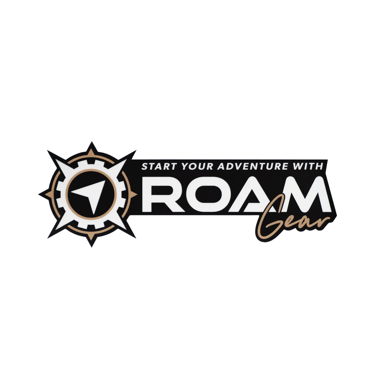 Small Roam Gear black printed sticker with a compass logo and "Start your adventure with Roam Gear" text.