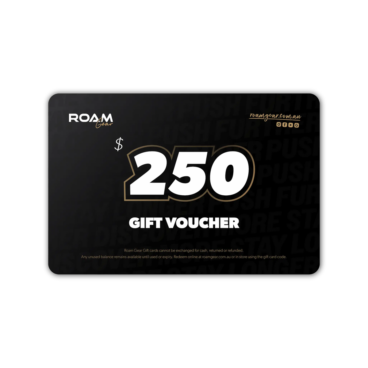 Roam Gear $250 eGift Card with white lettering and gold outlines on a black background.