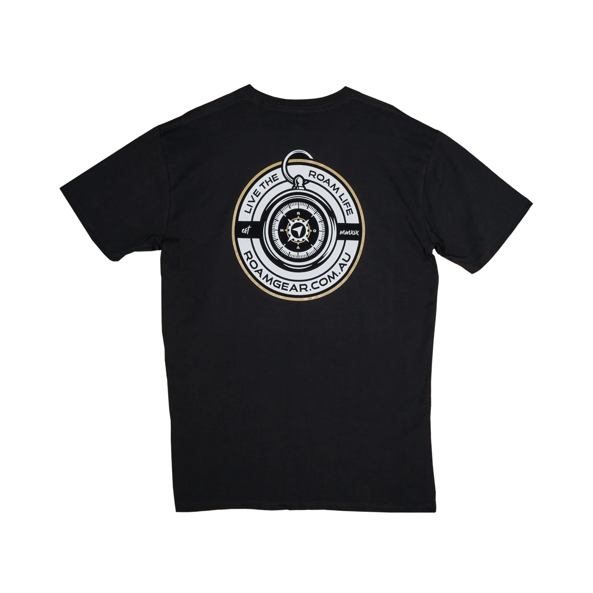 Roam Gear "Live the Roam Life" male black T-shirt back view with a large circular compass graphic.