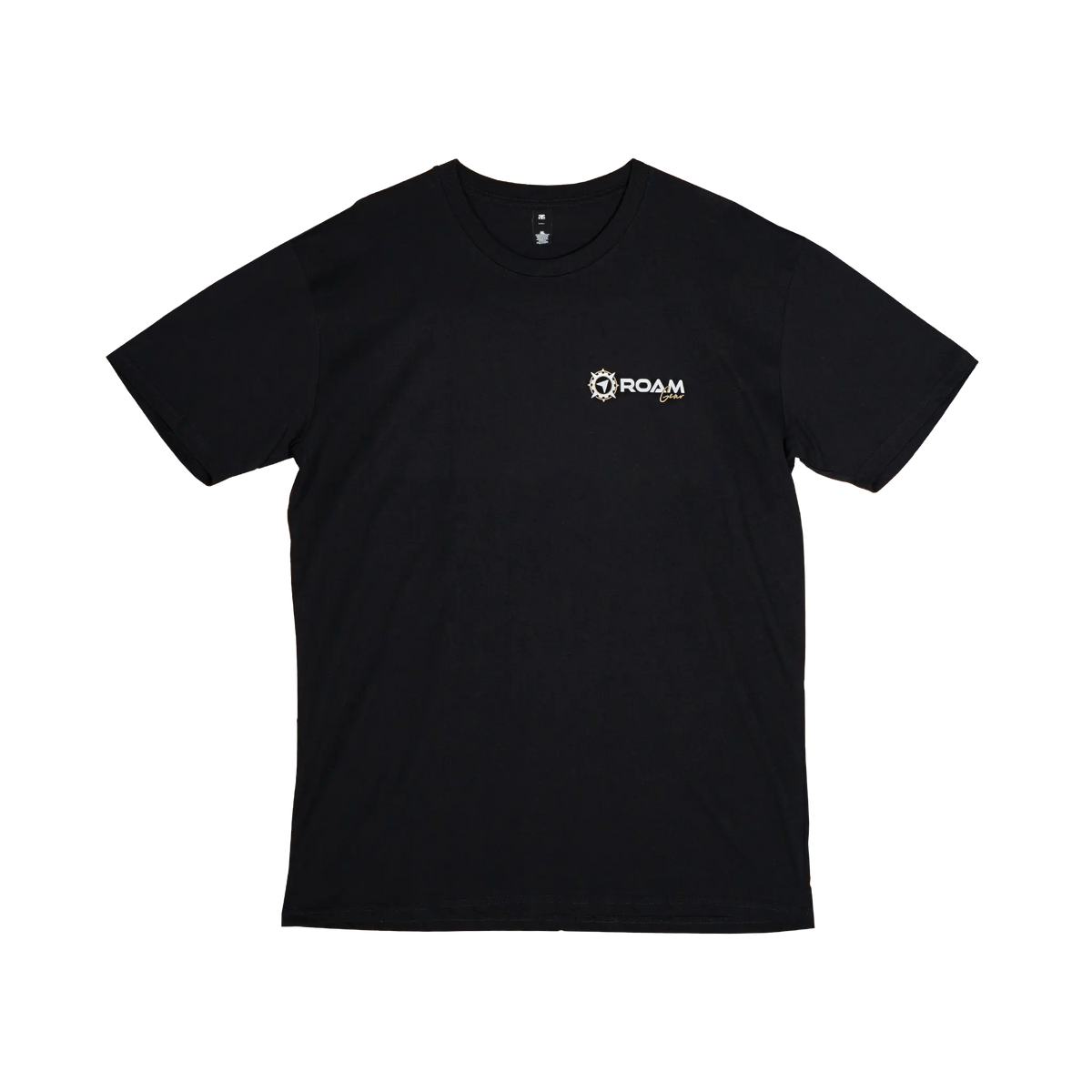 Roam Gear "Live the Roam Life" male black T-shirt front view with a small white and gold chest logo.
