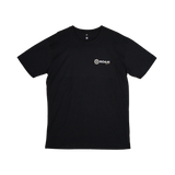 Roam Gear "Live the Roam Life" male black T-shirt front view with a small white and gold chest logo.