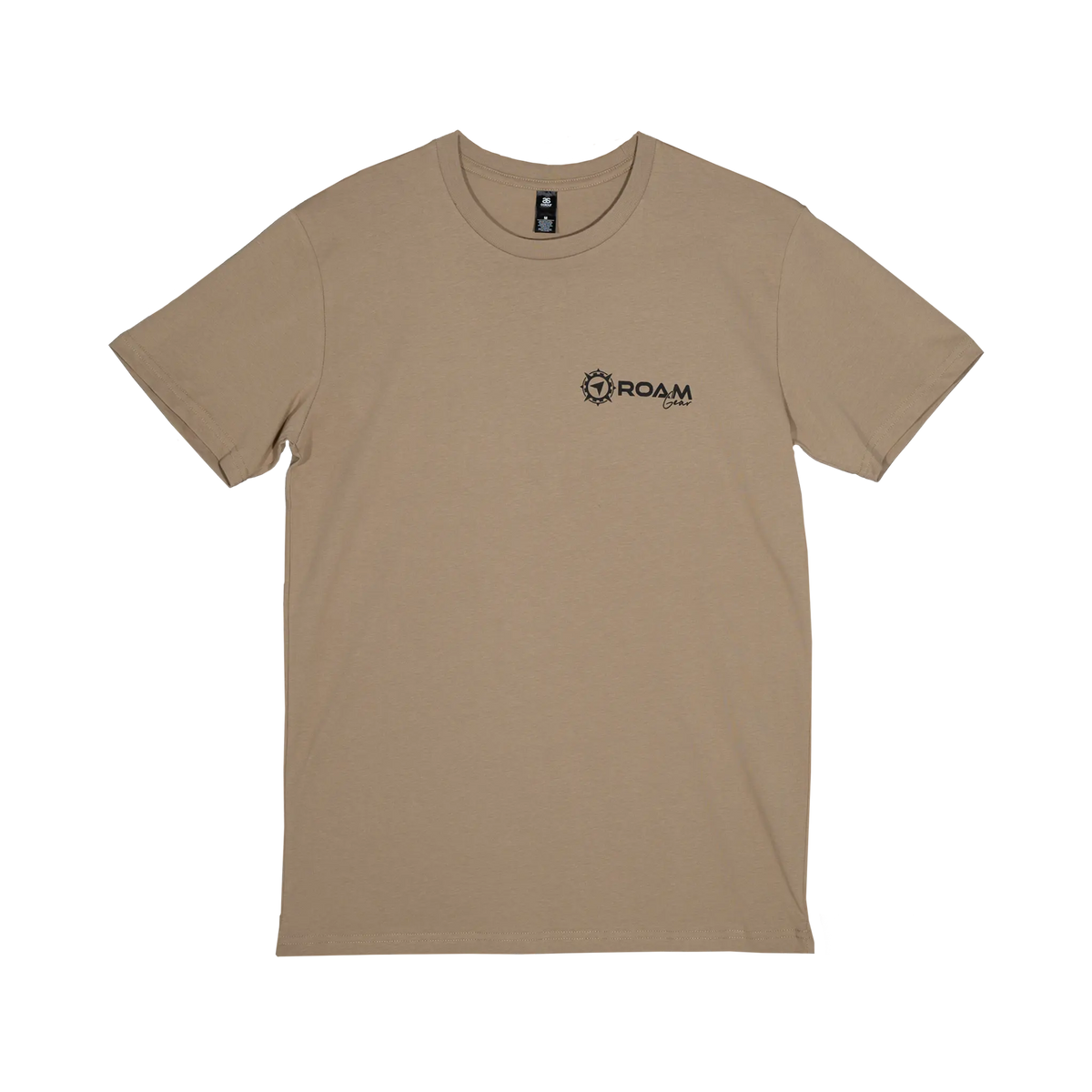 Roam Gear "Live the Roam Life" male tan T-shirt front view with a small Roam Gear chest logo.