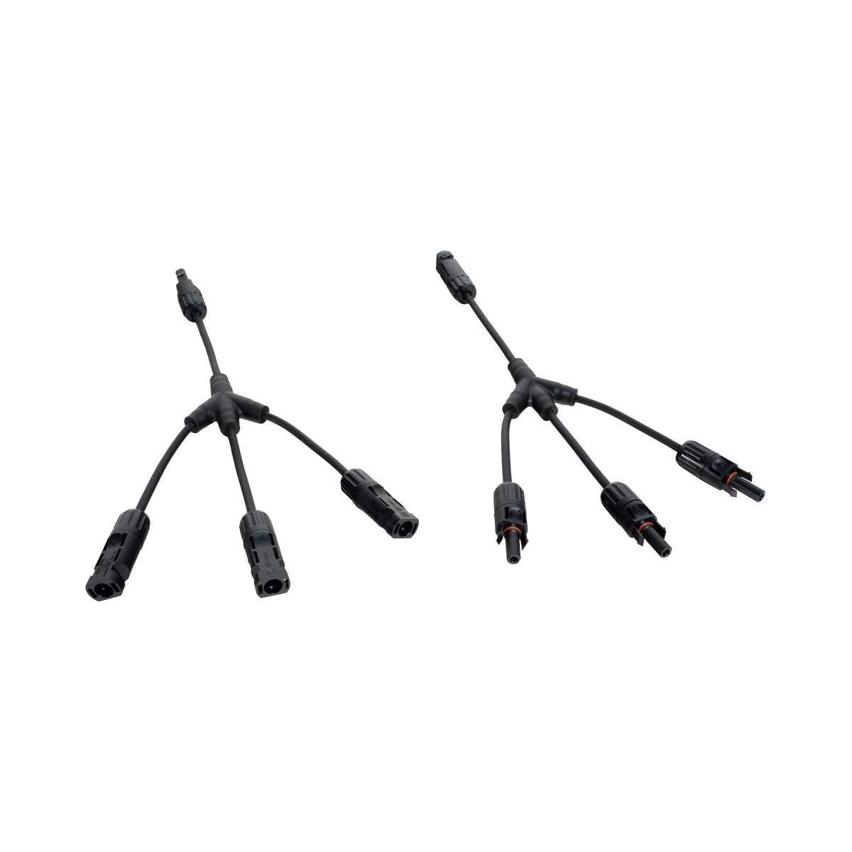 Roam Gear MC4 three to one solar adaptor pair in an angled view with three branches spread out on each adaptor.
