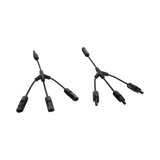 Roam Gear MC4 three to one solar adaptor pair in an angled view with three branches spread out on each adaptor.
