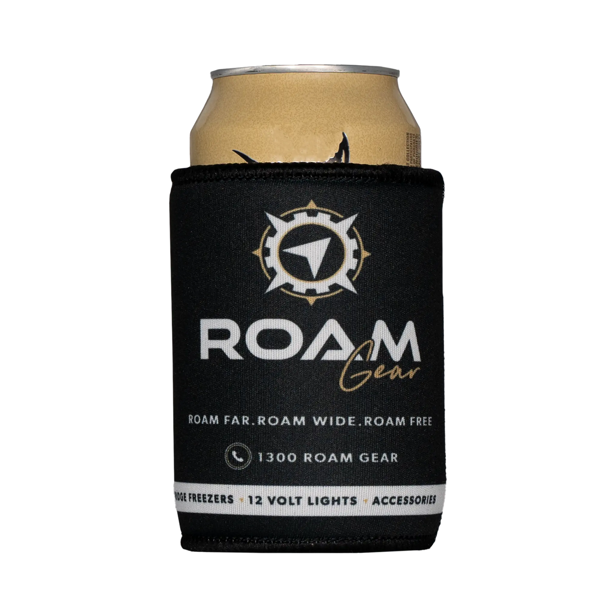 Roam Gear black stubby cooler front view around a can, with the white and gold logo facing forward.