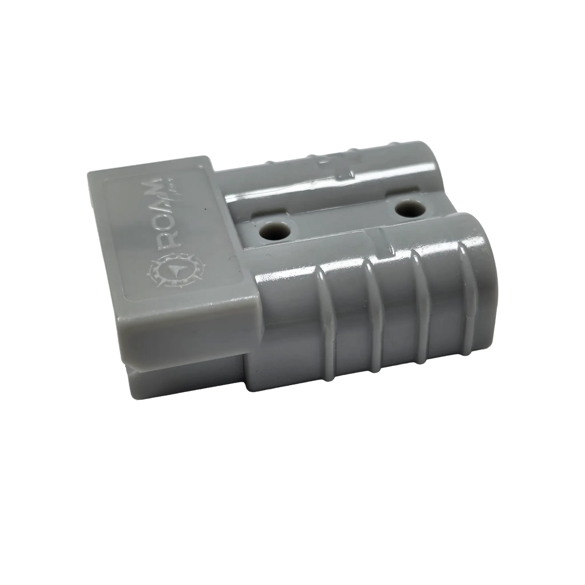 Roam Gear grey 50A Anderson plug side view with the ribbed housing and mounting holes visible.