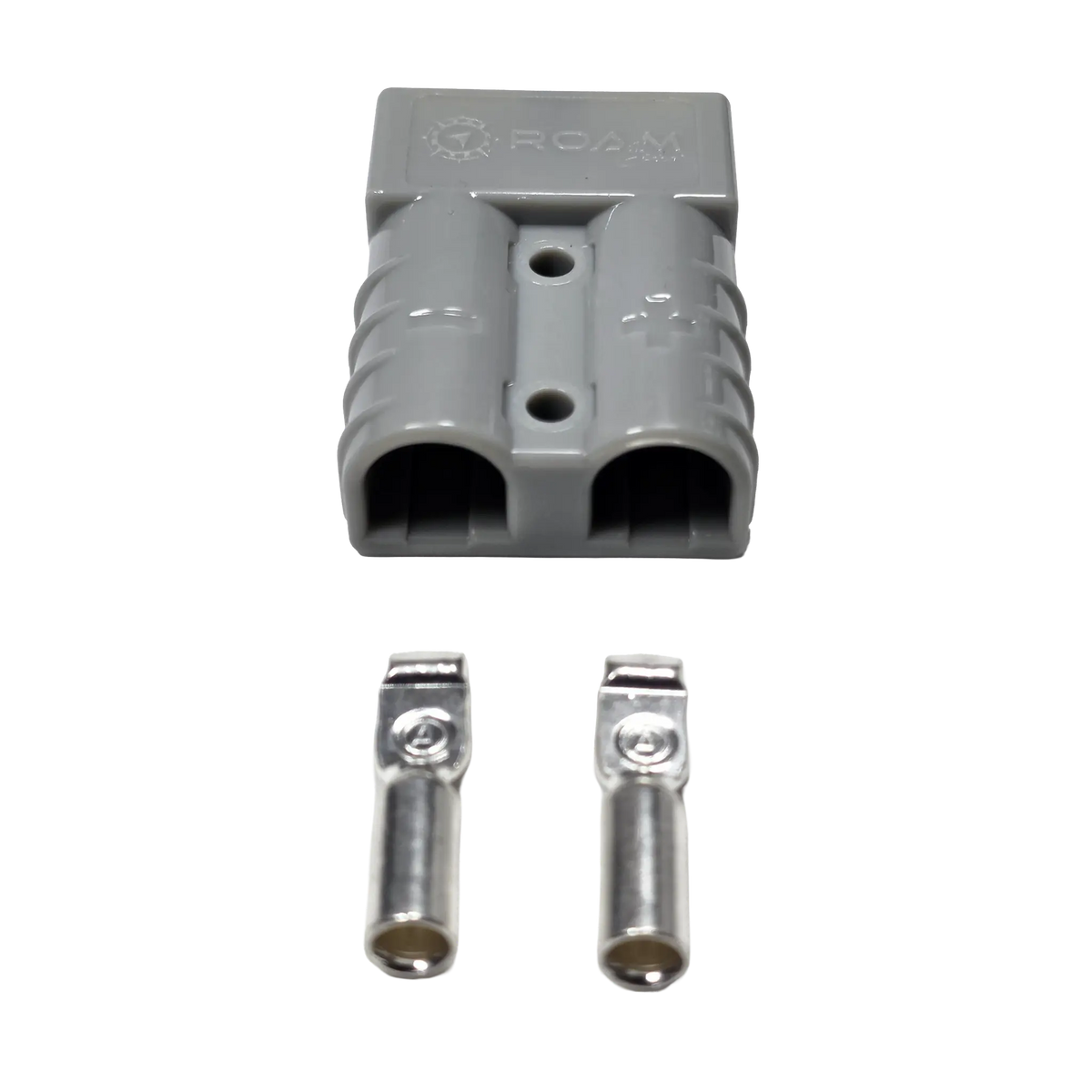 Roam Gear grey 50A Anderson plug rear view with twin cable entry openings and two loose contacts.