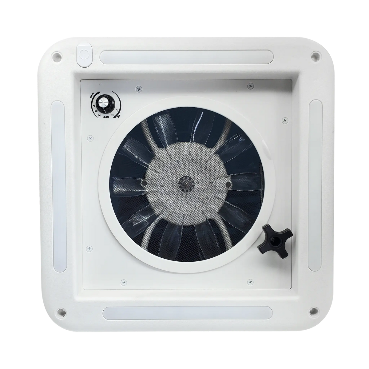 TRA 12V 280mm shower roof vent underside with fan, control dial and LED light strips.