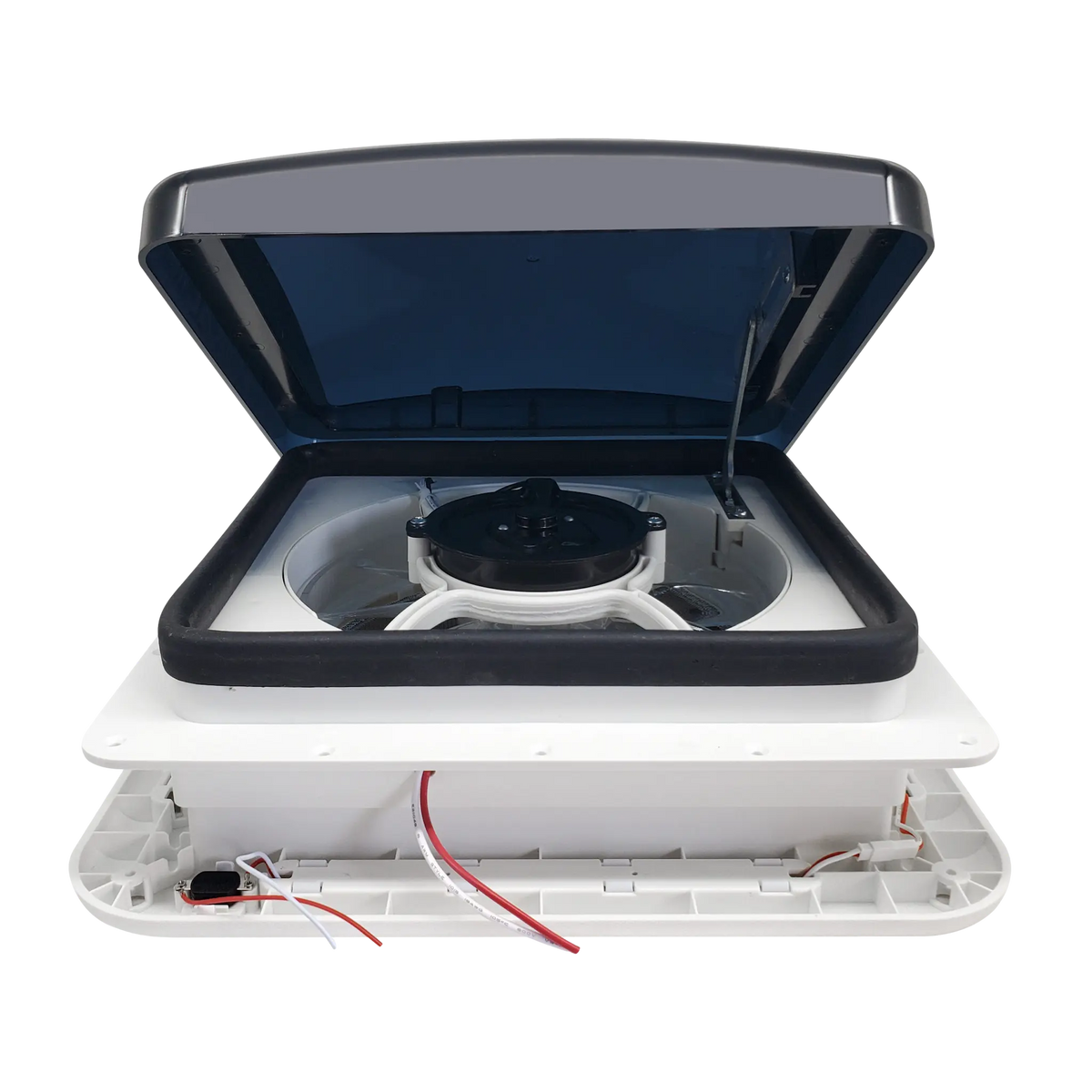 TRA 12V 280mm shower roof vent front view with dark lid open above the fan.