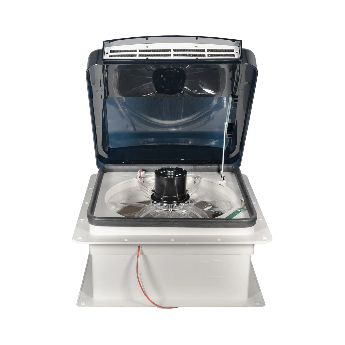 TRA 12V electric side vent roof hatch with the tinted lid raised, side grille and fan motor visible.