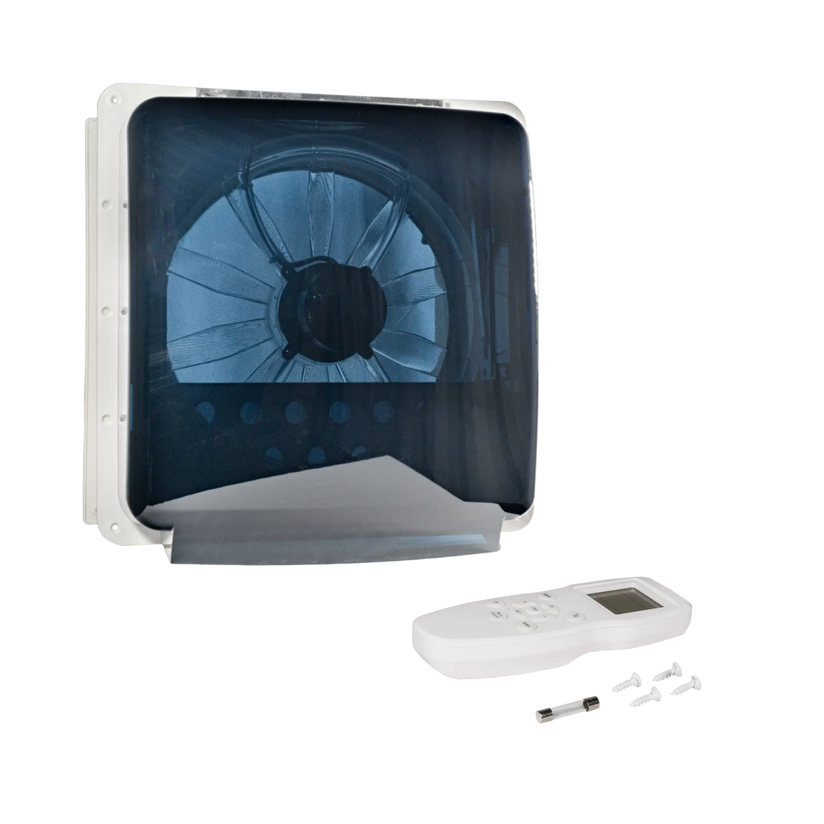 TRA 12V electric side vent roof hatch with its tinted lid closed beside a white remote, fuse and screws.